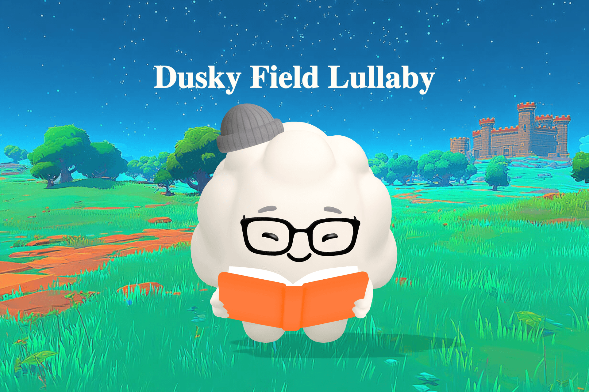 A soft, dreamy nighttime field bathed in silver moonlight with twinkling stars overhead and a gentle breeze sweeping across the grass.