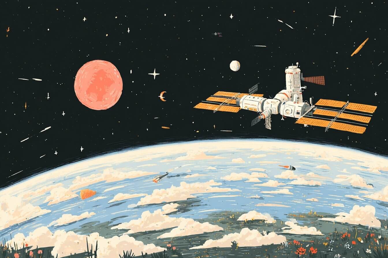 Astronauts in a quiet space station window send a gentle blinking goodnight wave toward Earth.