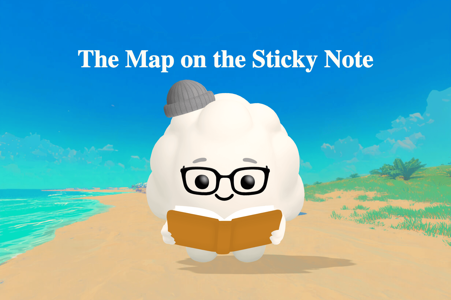 A girl in sneakers holds a yellow sticky note with a small map drawn in blue ink while standing in a curving school hallway.