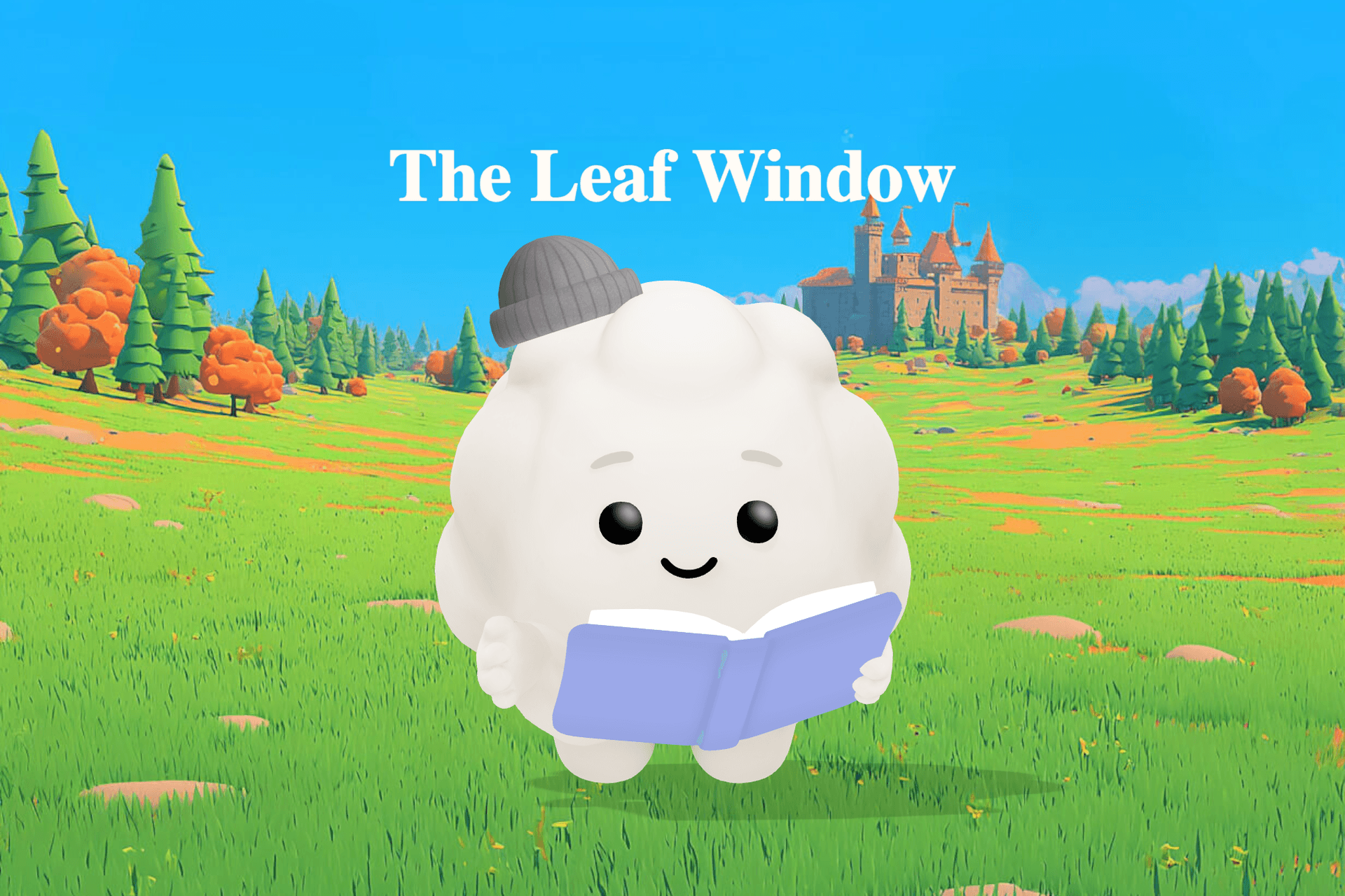 A small green caterpillar peering through a round hole in a bright leaf as golden sunlight streams in and an orange butterfly hovers nearby.