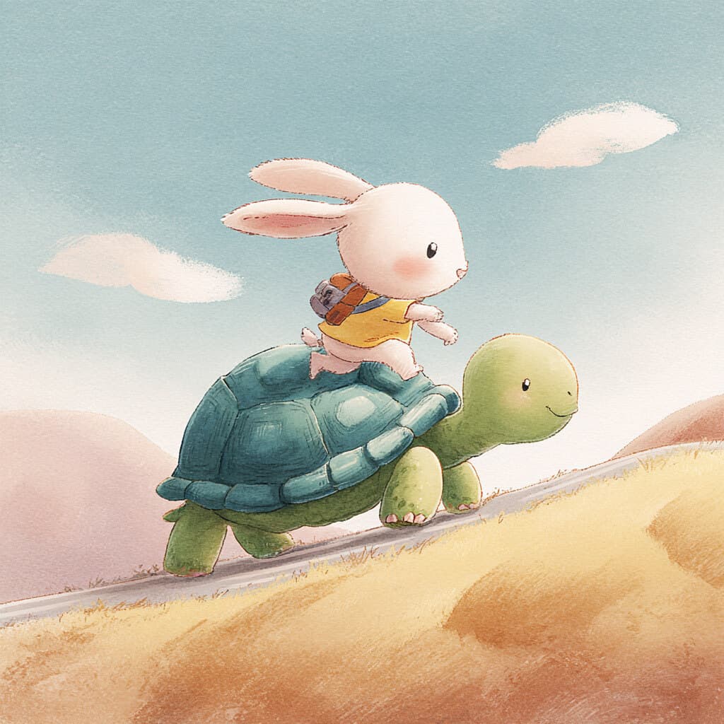 Tortoise and hare crossing a finish line together at sunset