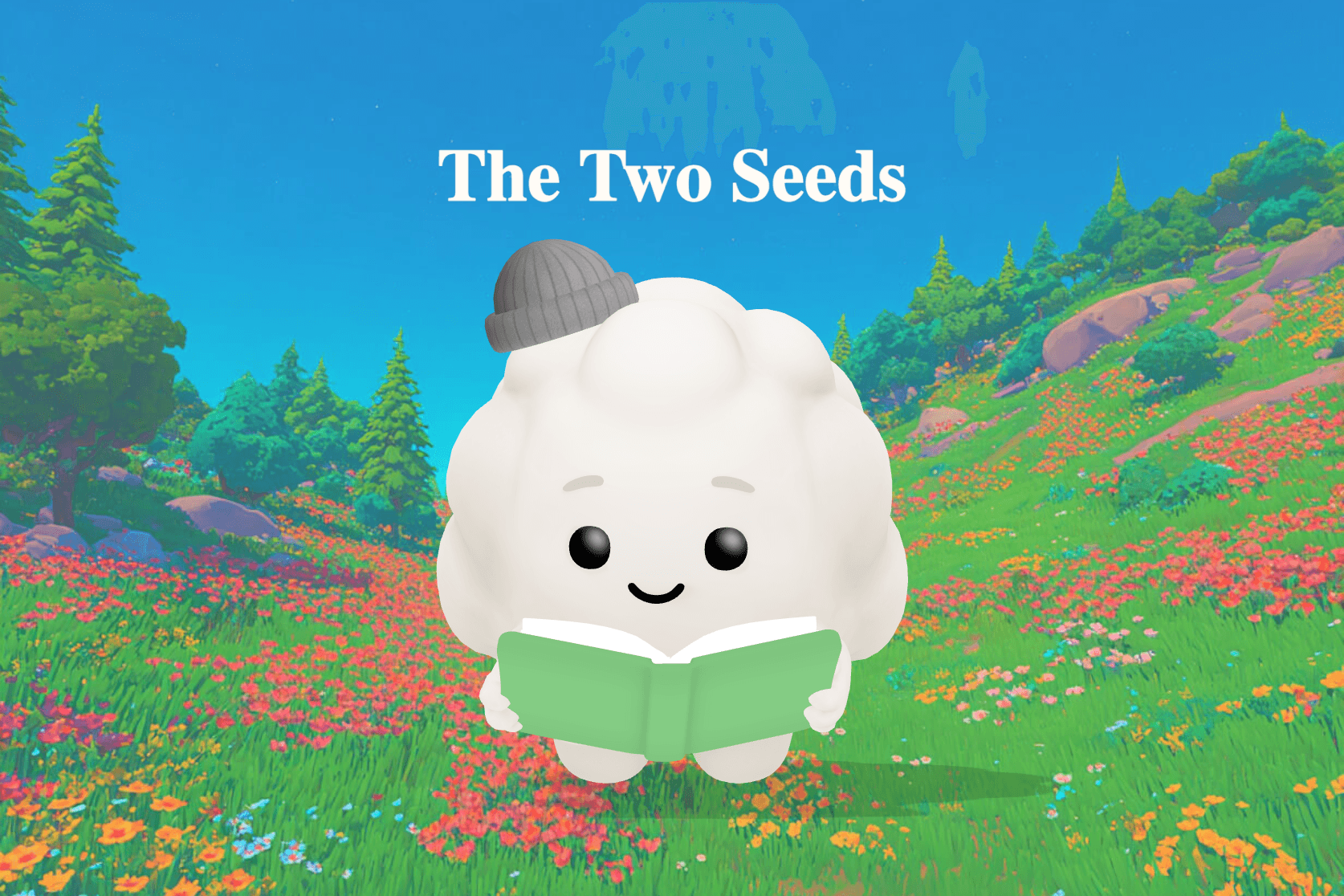 A young girl kneels in a sunlit garden beside a small sturdy plant with two bright pumpkins growing near a weathered barn.