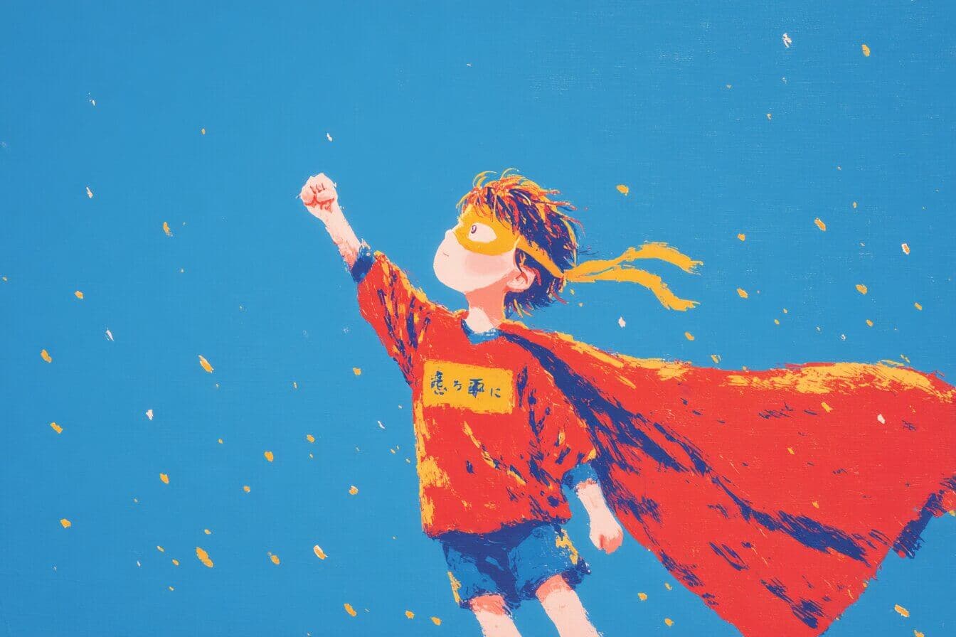 A gentle superhero in a blue and silver cape sits beside a child on a playground bench, sharing a calm story while warm light glows softly.