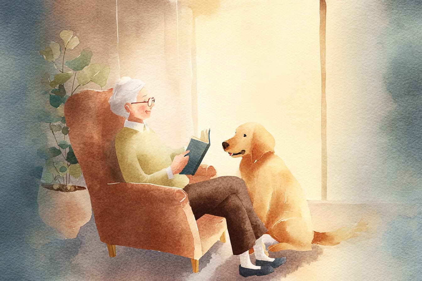 Golden retriever listening to a storybook beside a rocking chair at sunset