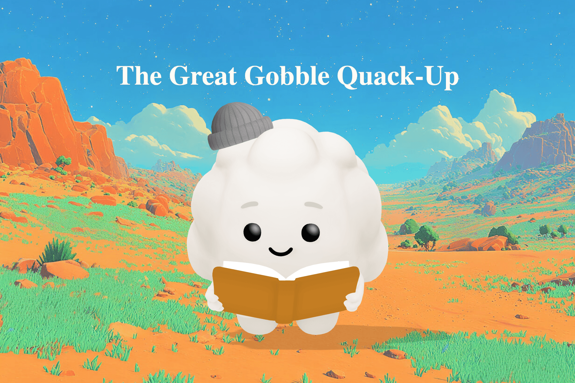 A young turkey wearing borrowed white duck feathers waddles beside a line of ducks near a moonlit farm pond surrounded by reeds.