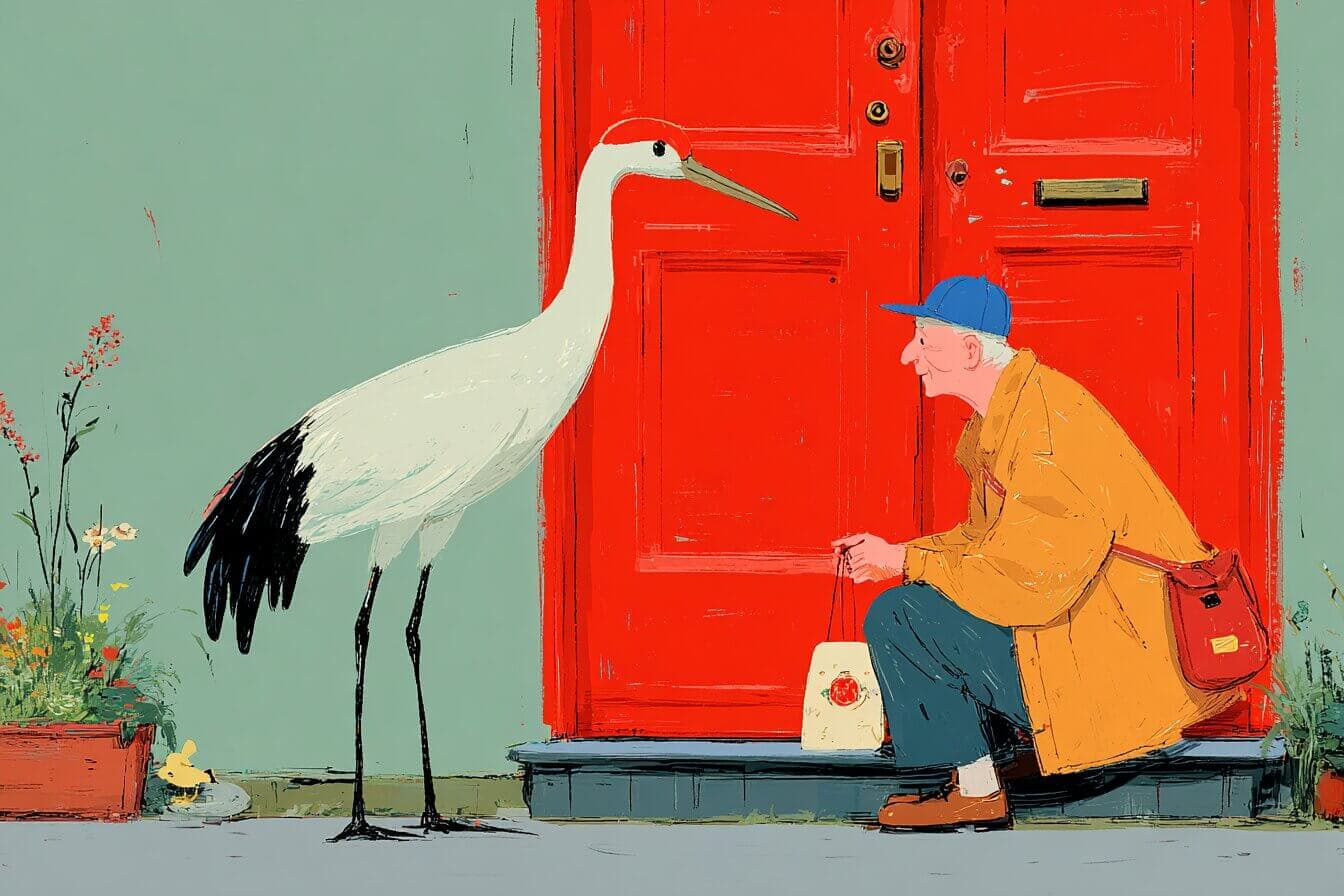 A kind reed gatherer offers warm tea to a mysterious weaver beside a quiet lotus lake at twilight.