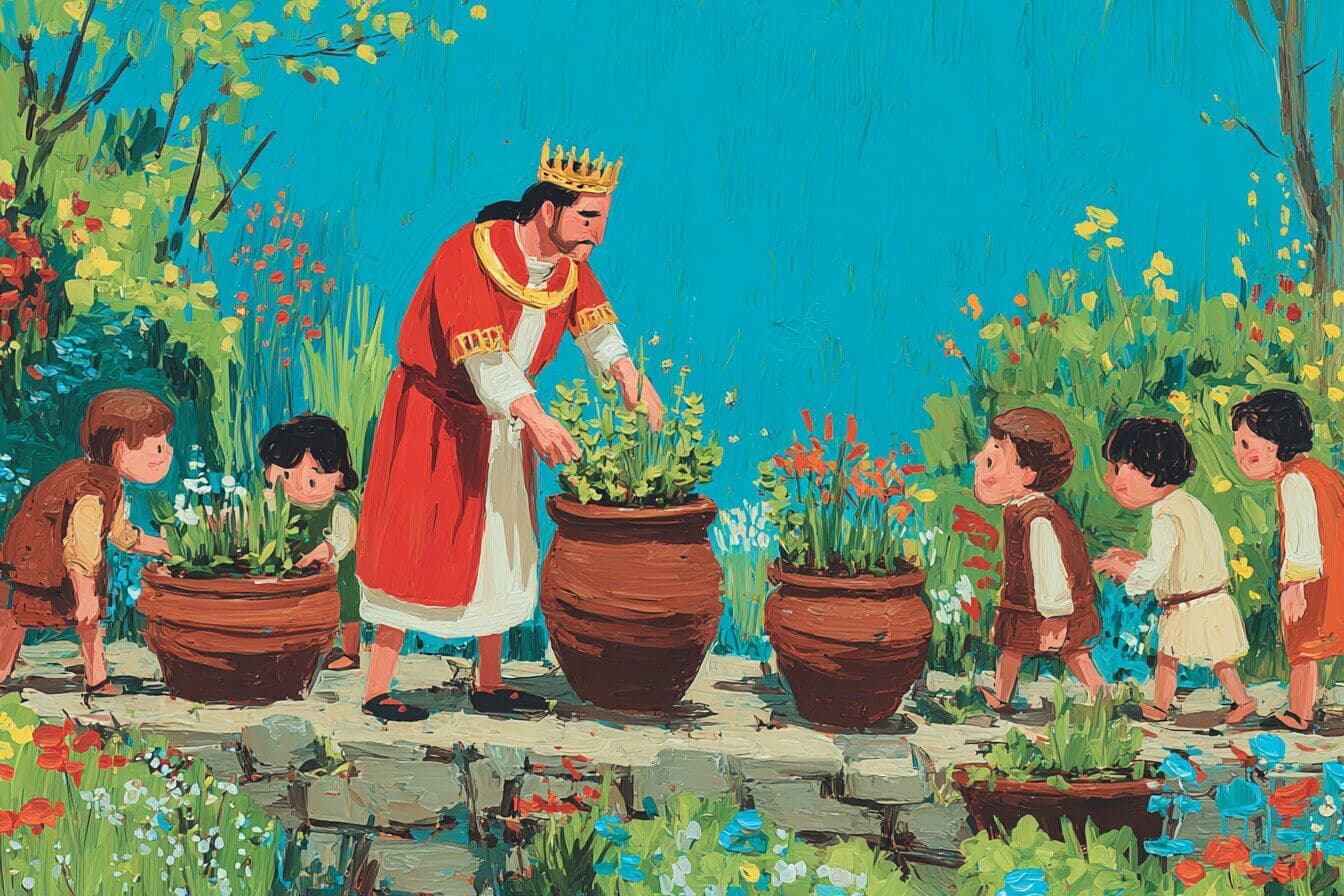 A child holds a small clay pot of soil while an emperor smiles in a quiet palace garden.