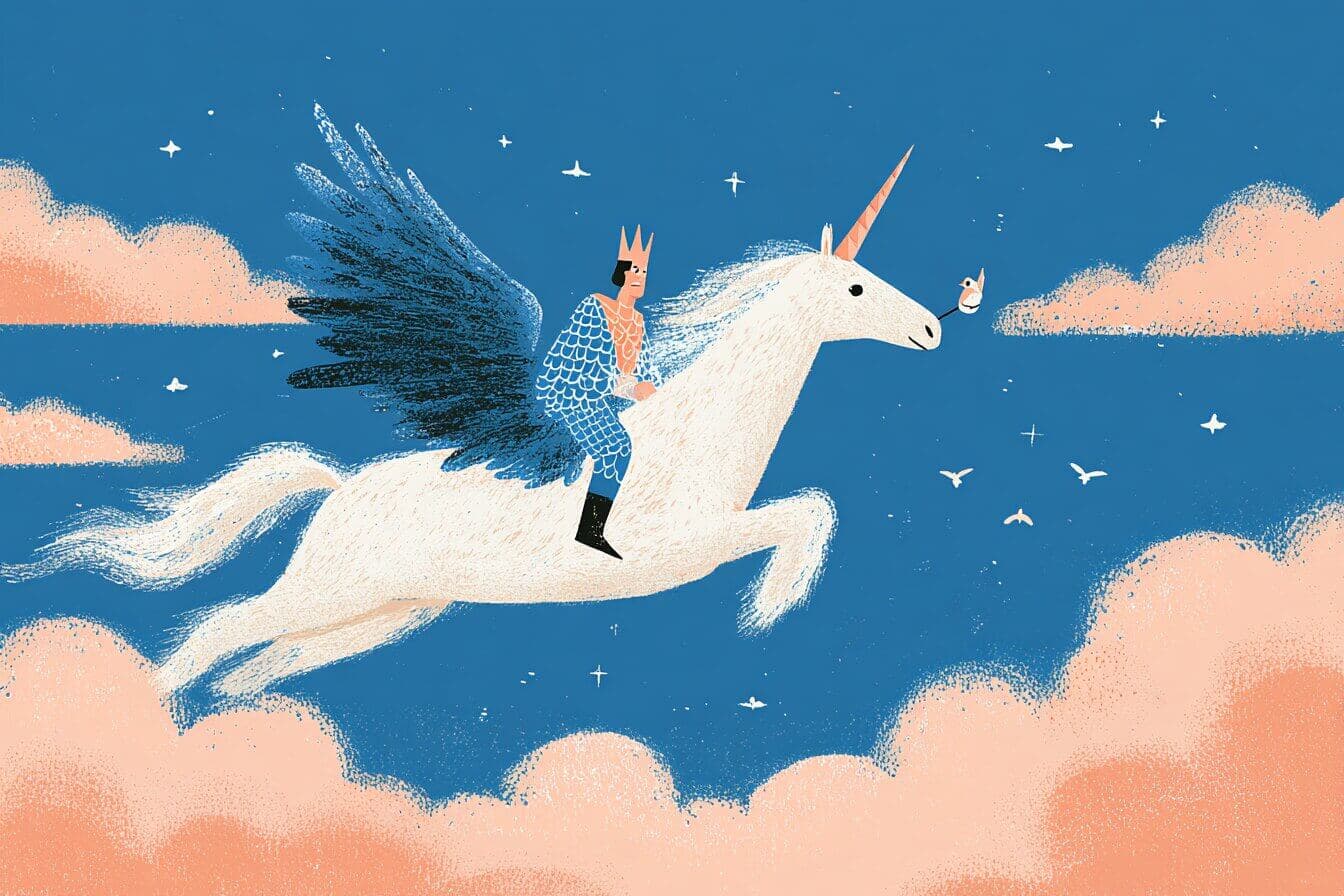 A young prince rides a shining silver and copper horse with gentle wings through soft clouds toward a distant tower.
