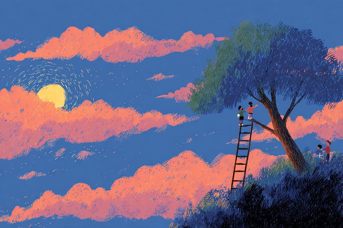 Three children climb a shimmering tree ladder into soft clouds and friendly floating worlds.