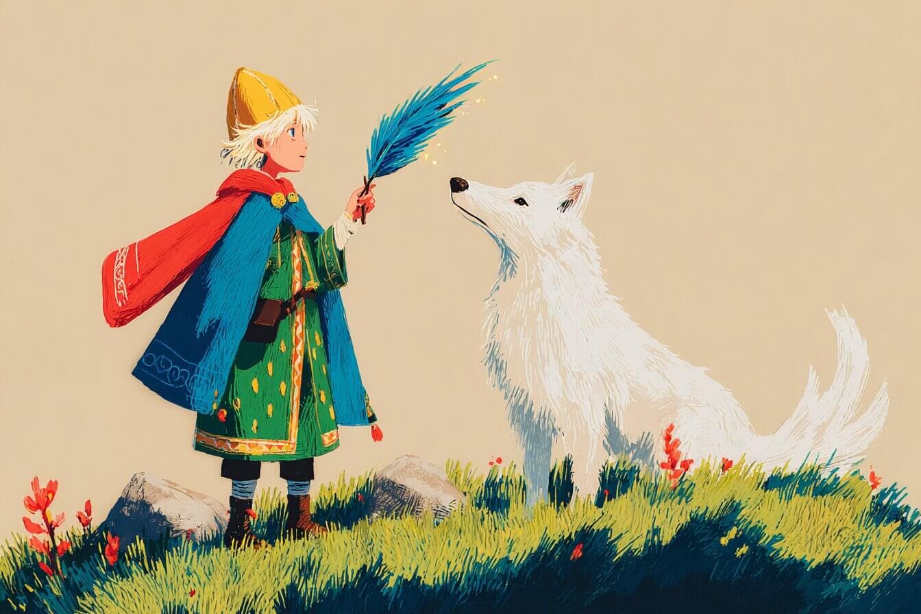 Prince Ivan holds a warm golden feather while a glowing firebird circles above moonlit apple trees.