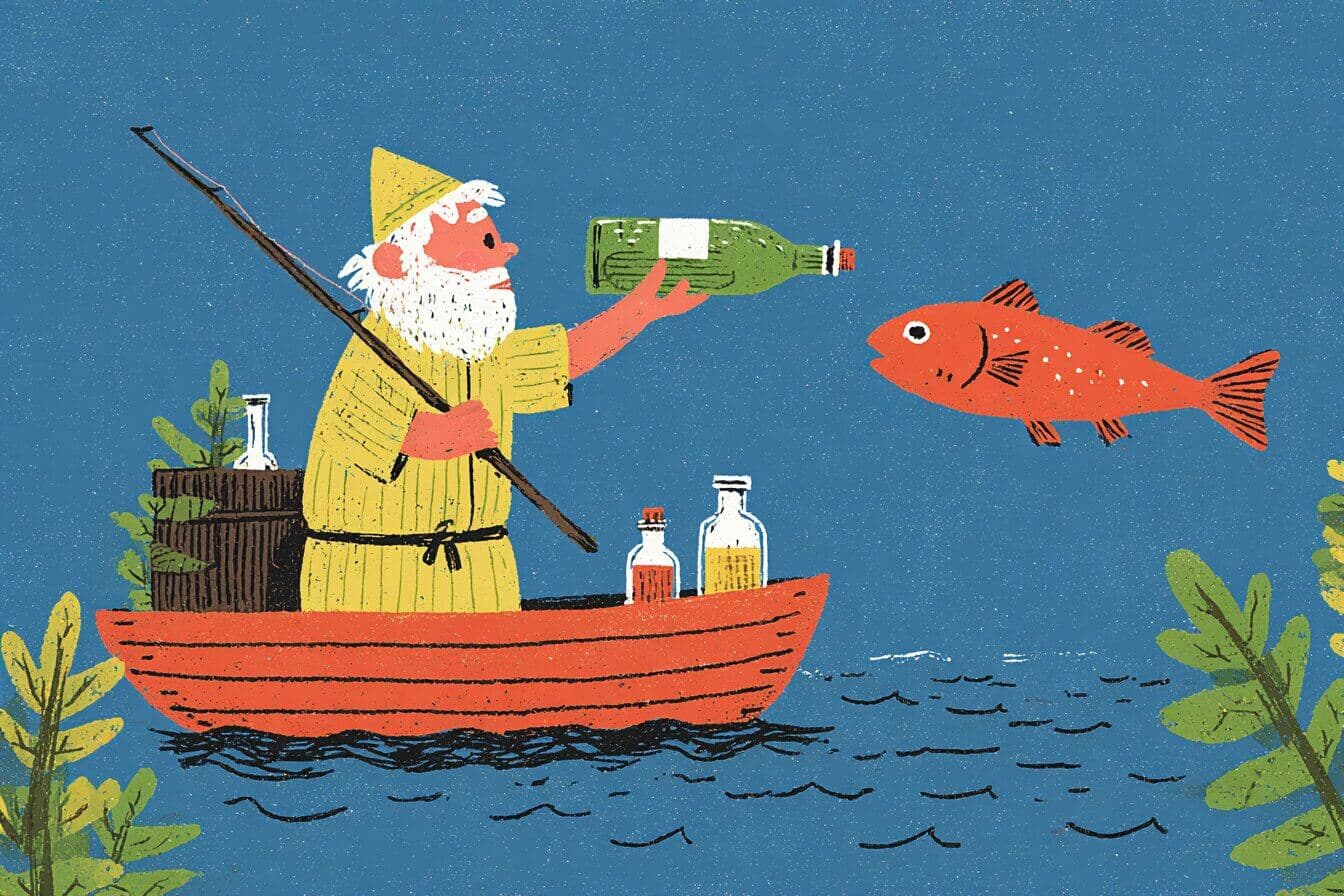 A fisherman in a small boat opens a mossy bottle as a laughing purple genie rises above the sea at sunrise.