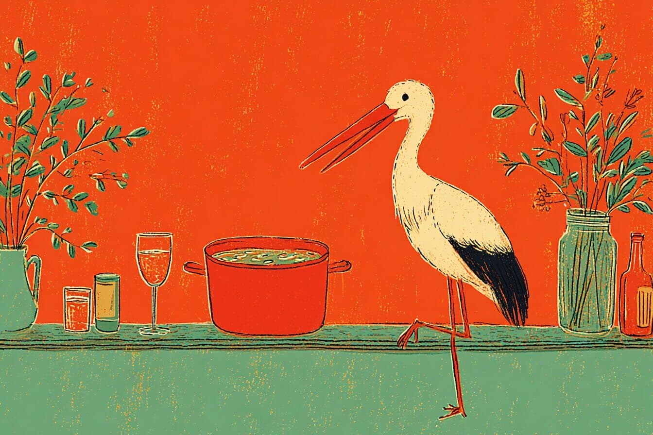 Fox and stork sharing soup beside a pond with colorful bowls and gentle fireflies