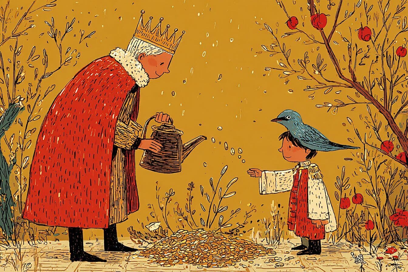 A golden prince statue with a small swallow perched on his shoulder above a quiet city square at night.