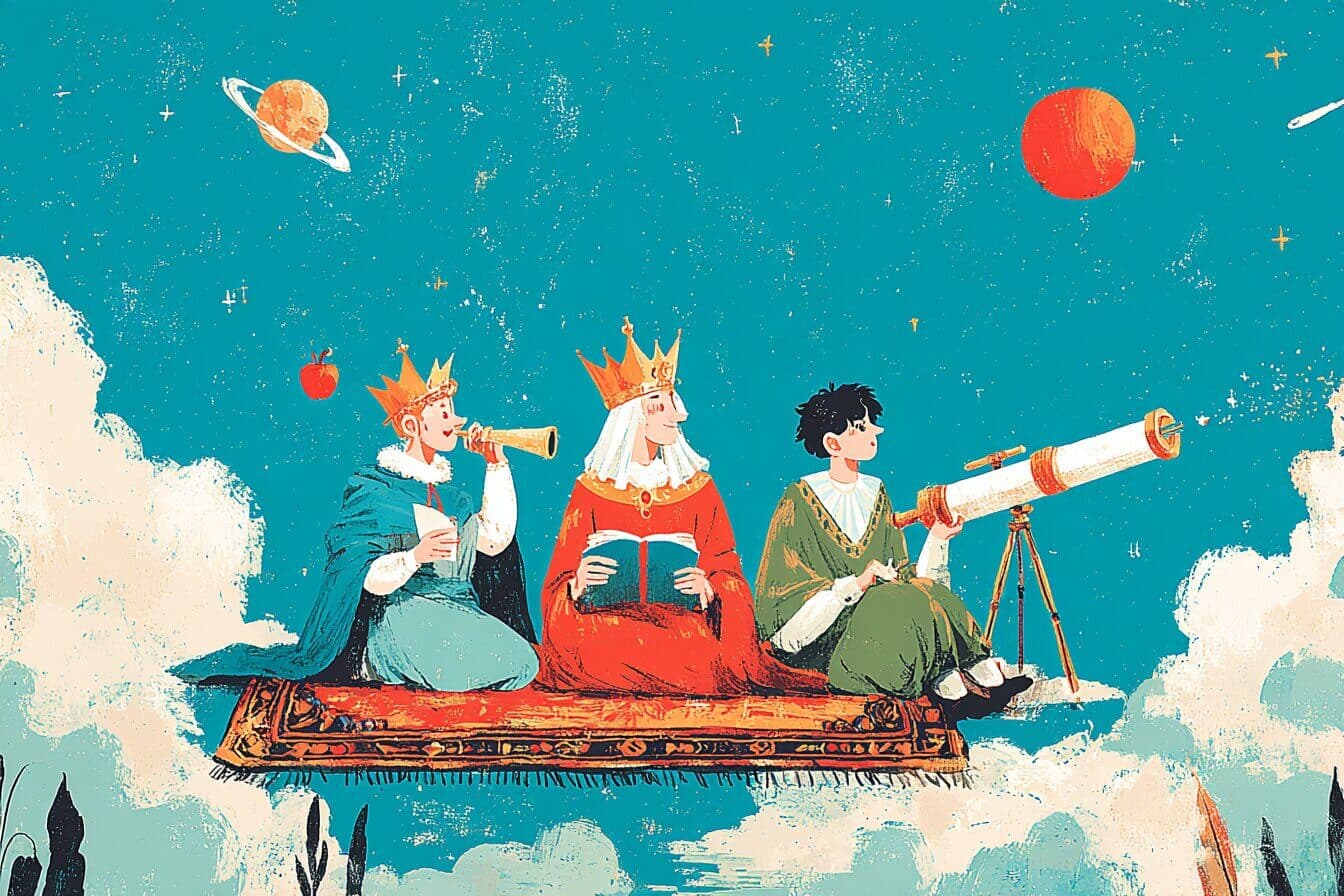 Three young princes ride a starry indigo carpet toward a quiet tower while holding a telescope and a glowing golden apple.