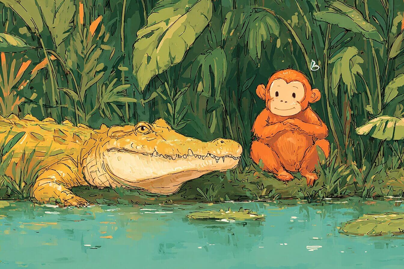 A curious monkey sits on a high tree branch while a friendly crocodile floats below in a quiet river.