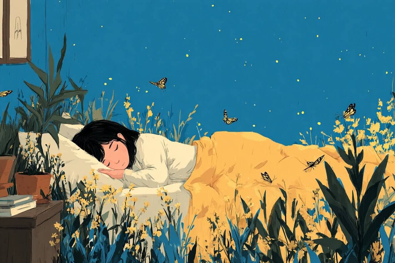 A child in slippers walks through a moonlit garden where fireflies glow and flowers softly hum.