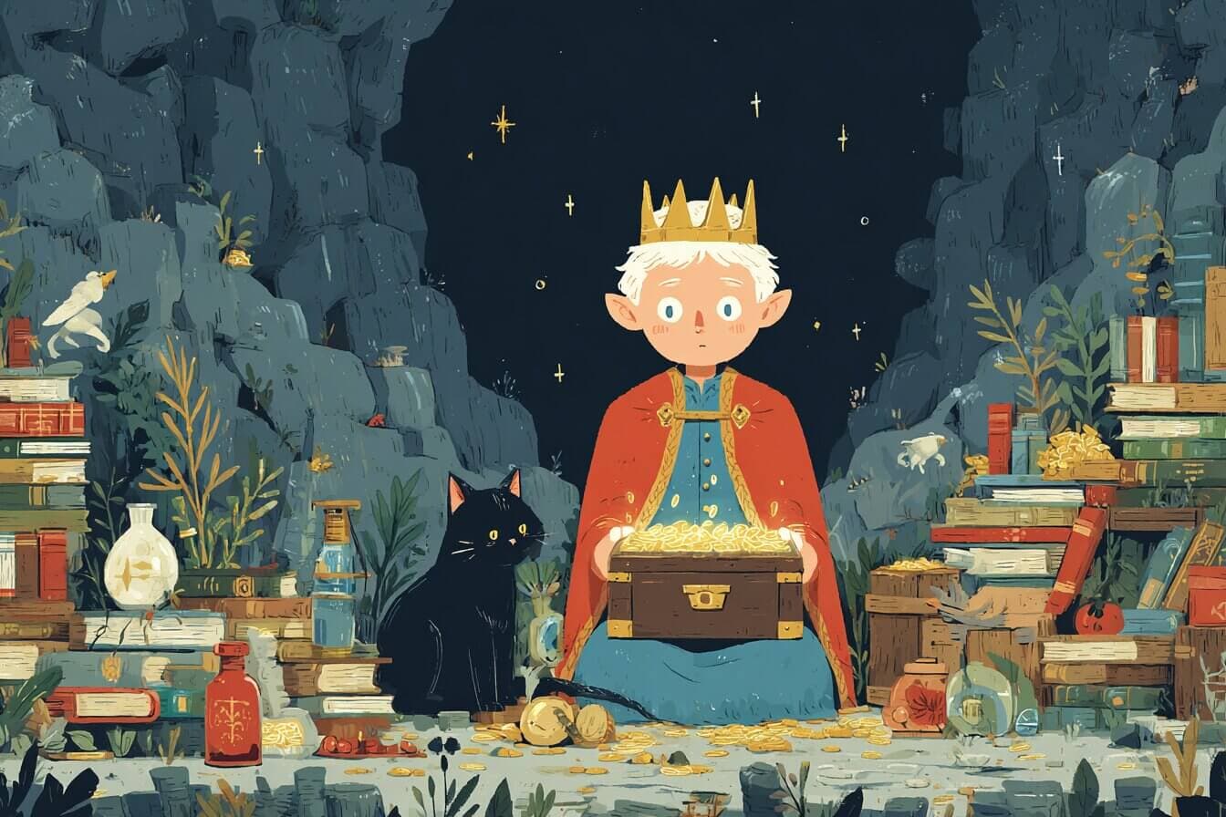 Princess Marigold and a young miner hold a glowing thread in a quiet mountain tunnel while goblins retreat into the dark.