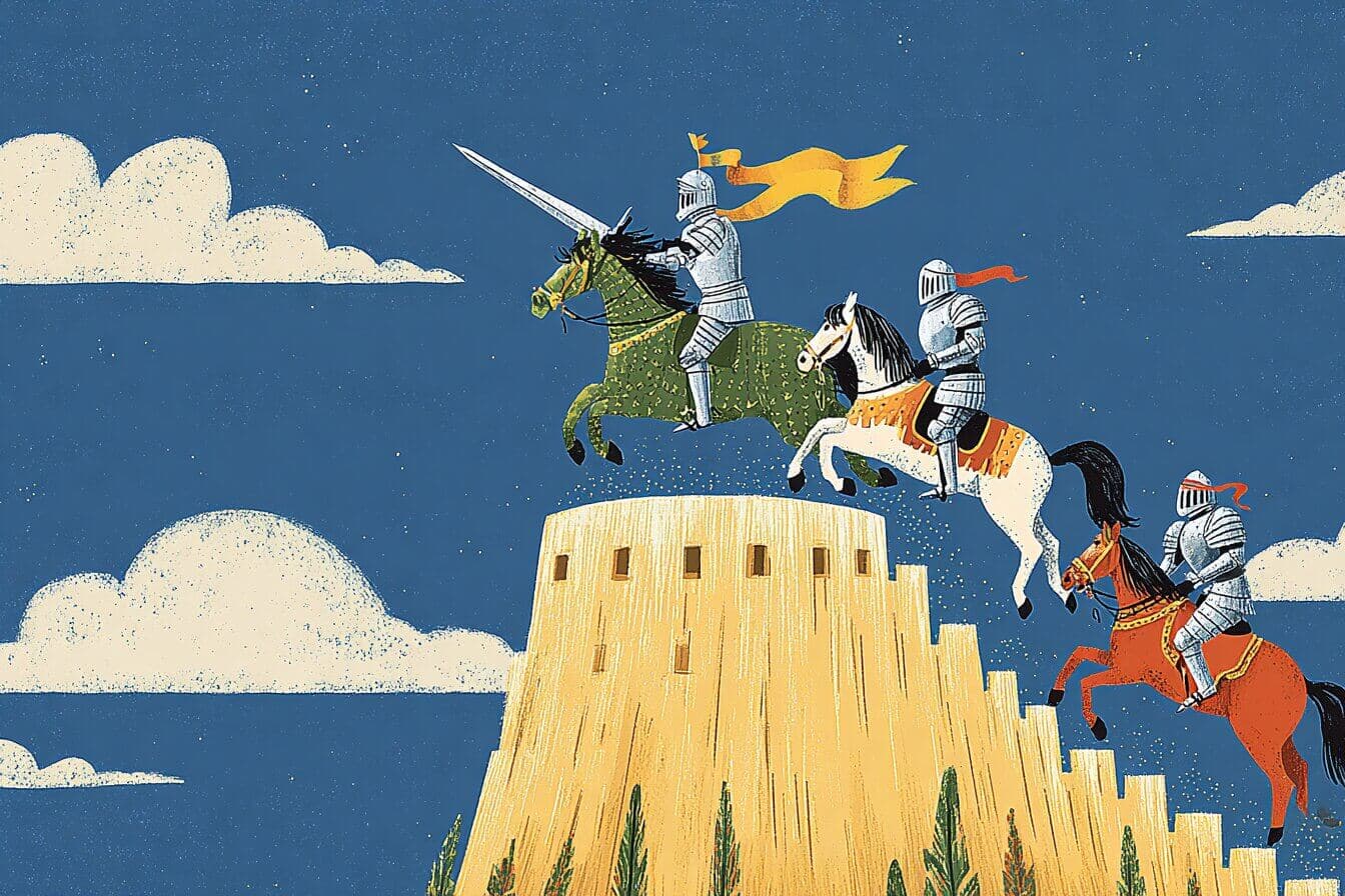 A young climber in a glowing suit ascends a sparkling glass hill toward a princess waiting at the summit.