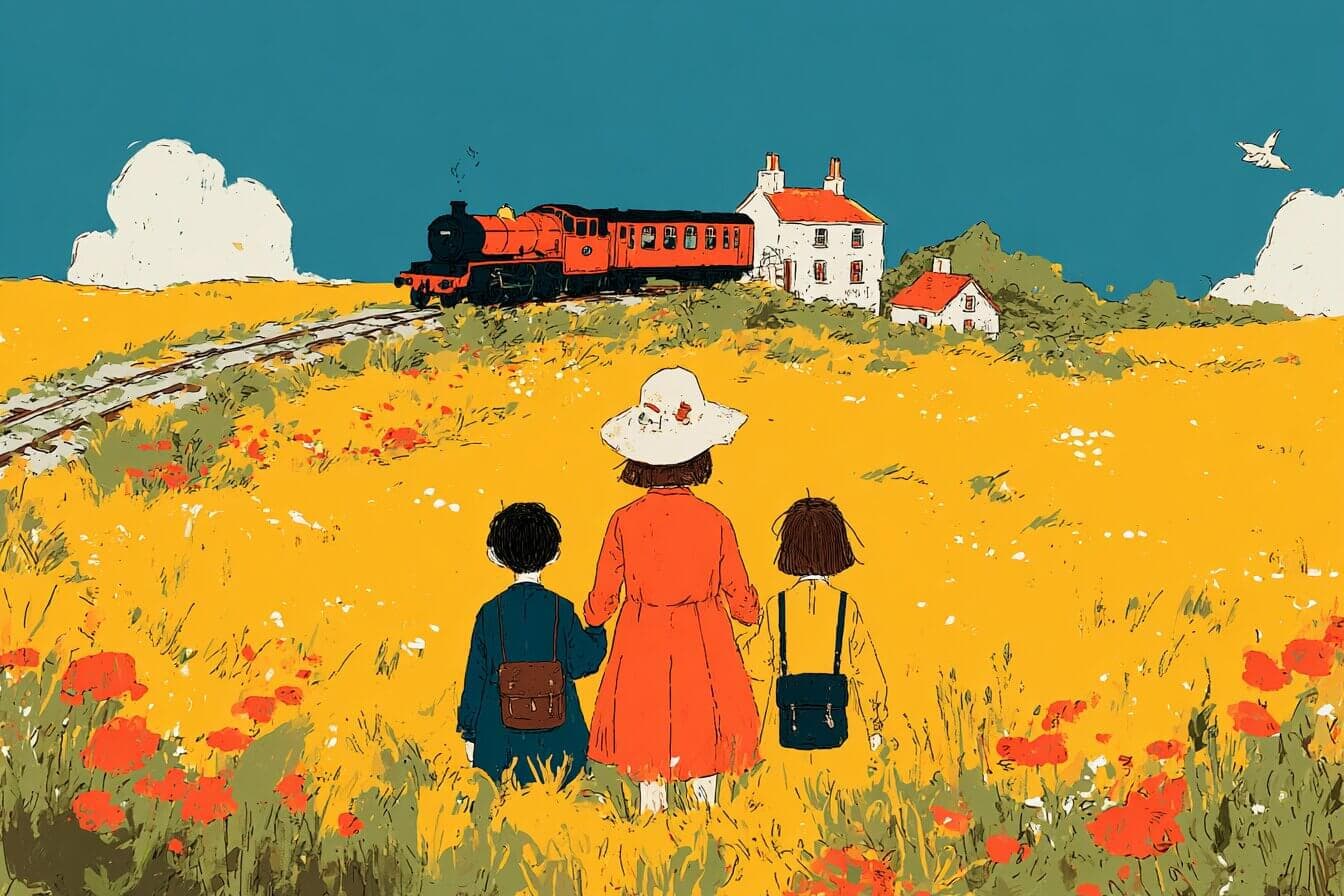 Three children wave at a passing train beside a small cottage near the railway while their mother watches warmly.