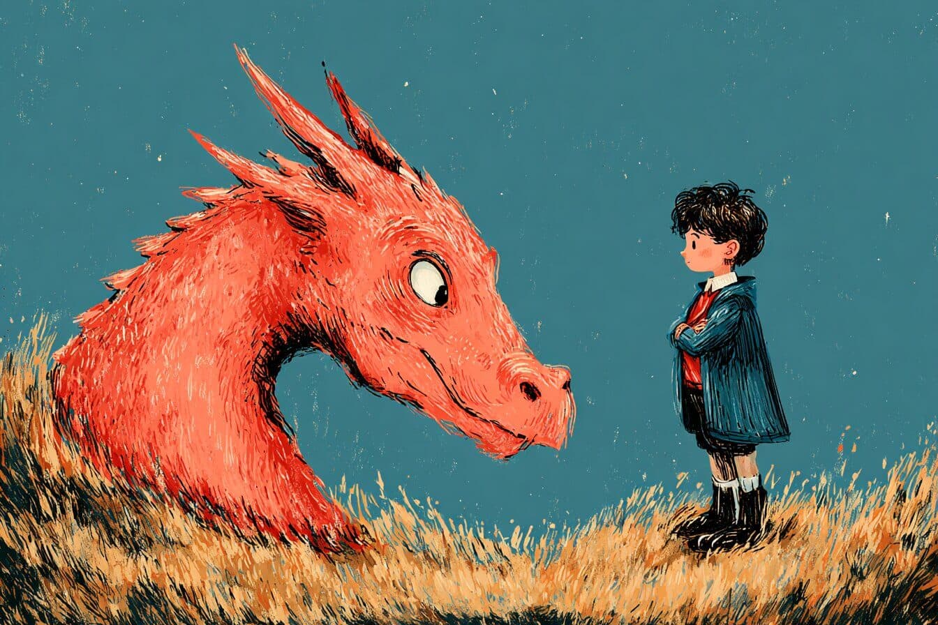 A gentle green dragon and a boy read poems together beneath a willow tree in a quiet valley.