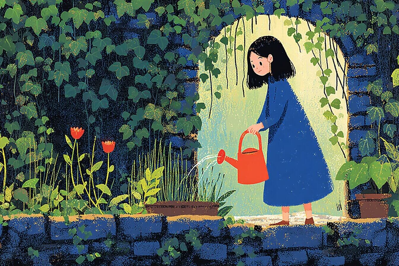 A child and a friend stand by an ivy covered gate leading into a quiet garden with roses and a small fountain.