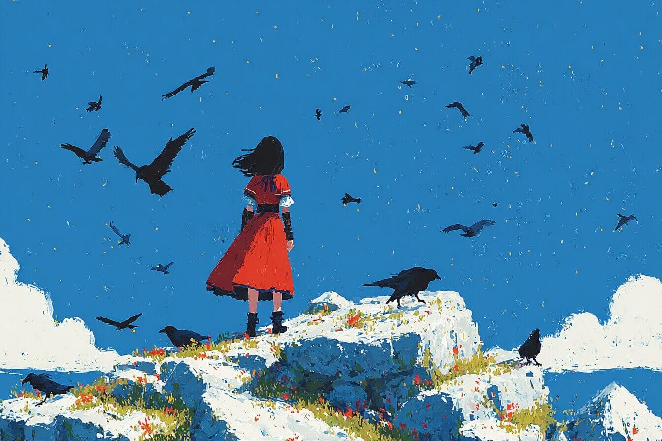 A brave sister plays a wooden flute beneath a moonlit glass mountain while seven ravens circle above.