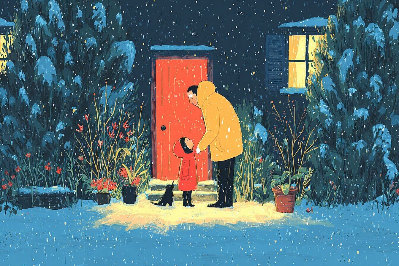 A snow girl in a blue scarf stands by a cottage window glowing with warm firelight while snow falls quietly outside.