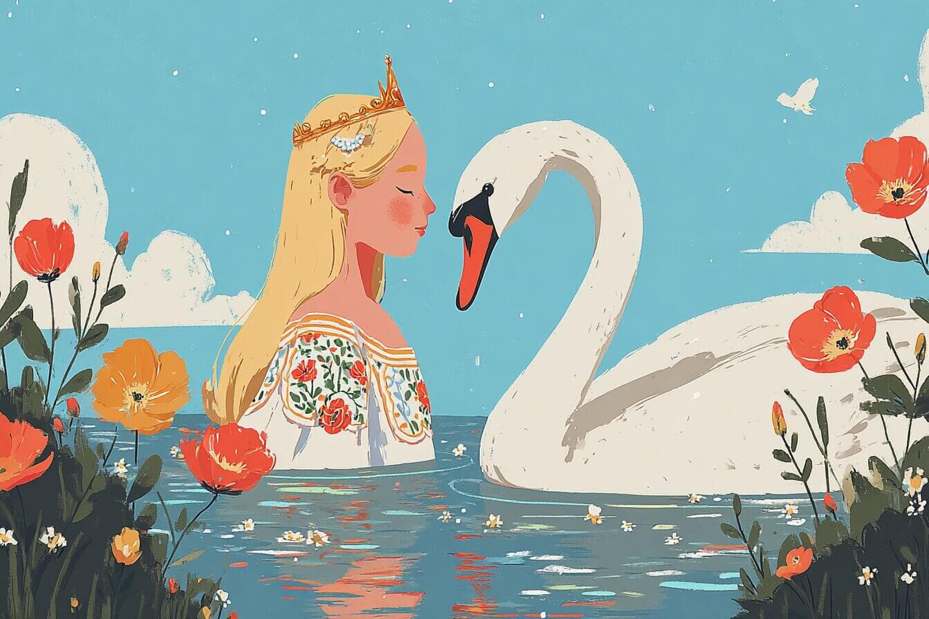 A prince and a swan maiden stand by a moonlit lake as fireflies glow near willow trees.