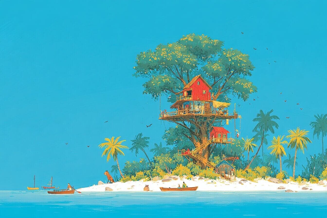 A family relaxes in a leafy treehouse on a calm island while friendly birds perch nearby.