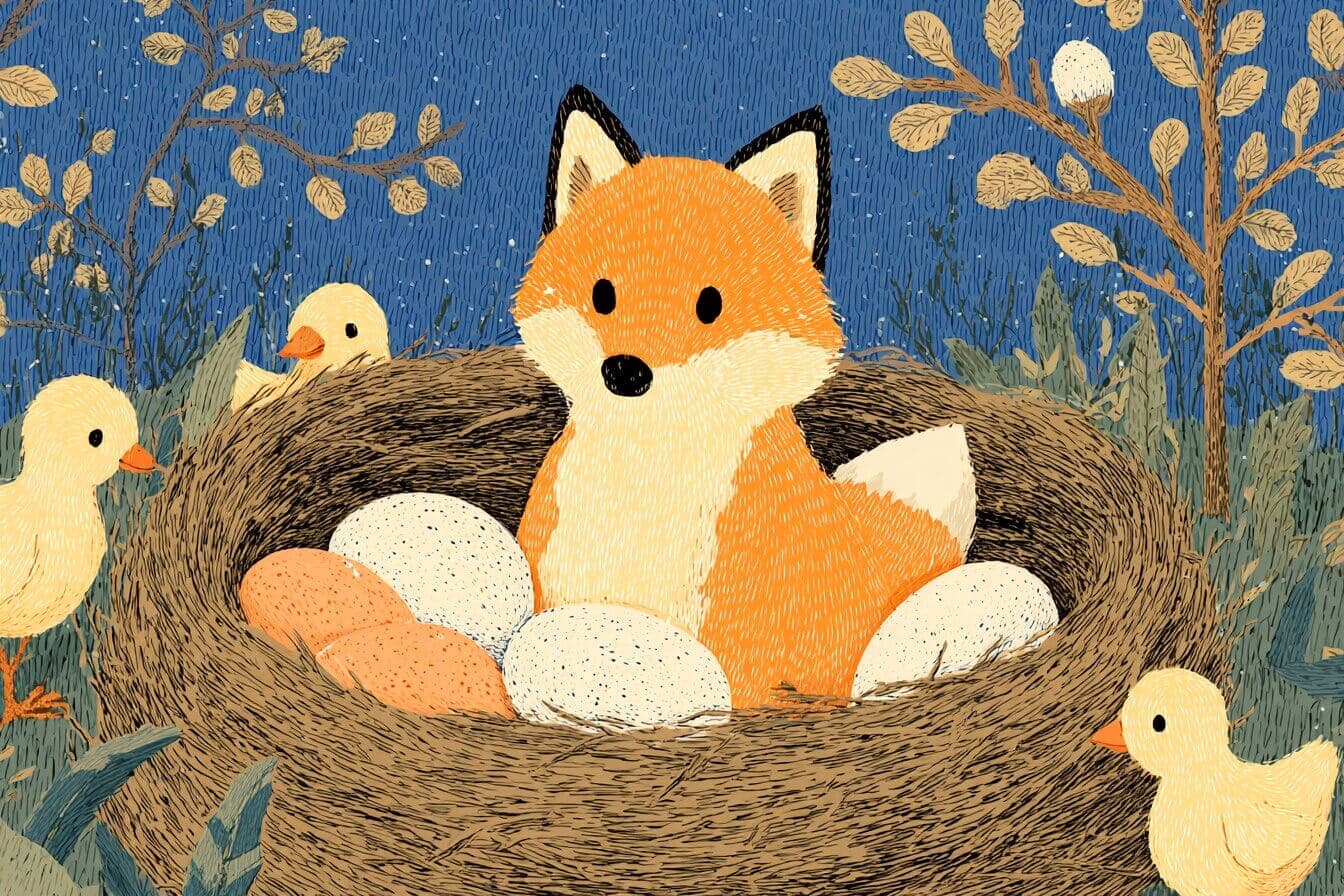 A straw hatted duck carries a basket of eggs beside a red fox near a quiet pond at dusk.
