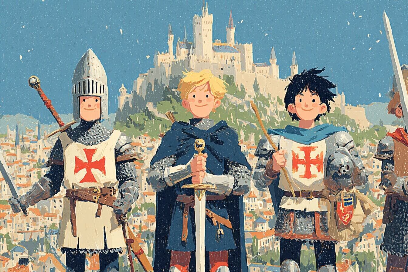 Four young guards share bread after protecting a royal treasure in a quiet moonlit palace.