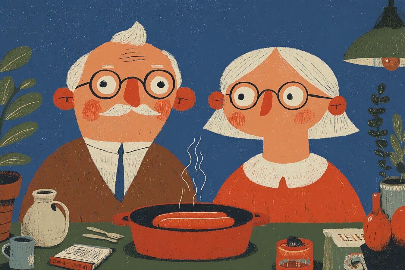 A sleepy genie in polka dot pajamas appears from a silver lamp beside a breakfast table.