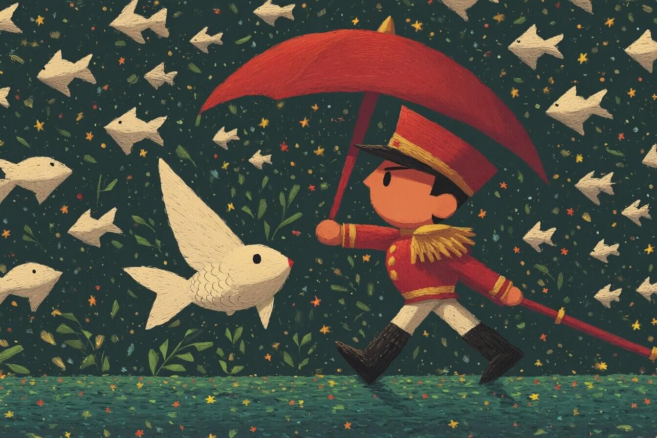 A one legged tin soldier stands beside a paper dancer holding a small tin heart on a windowsill.