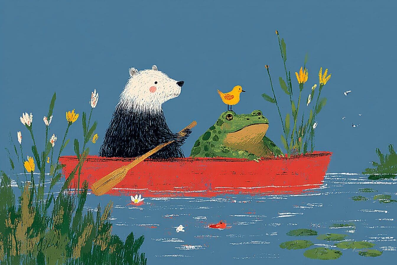 Four riverbank friends in a small skiff drift past whispering willows while fireflies glow above the water.