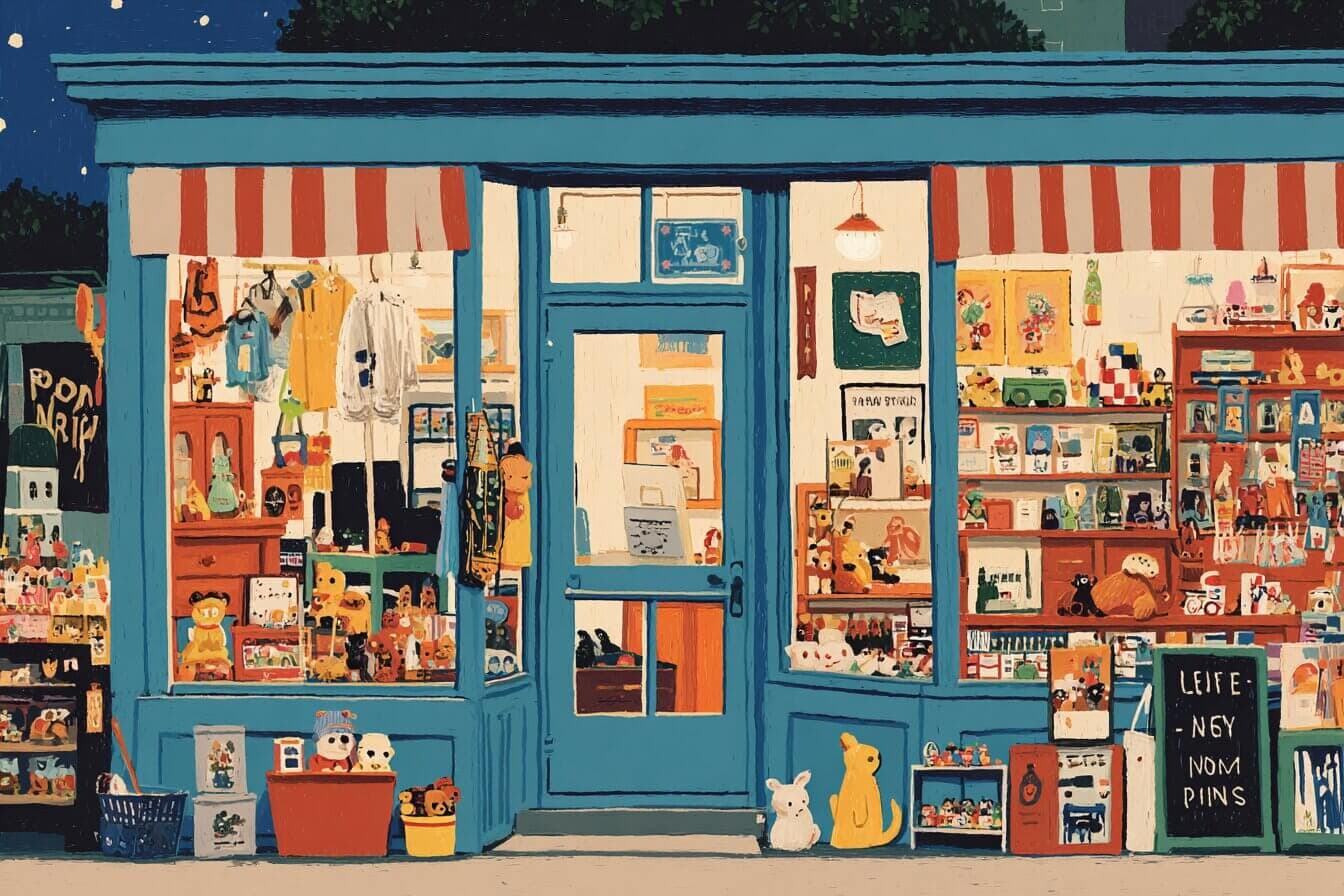 A glowing toy store at night with a rag doll and an elephant toy watching a sparkling snow globe on the counter.