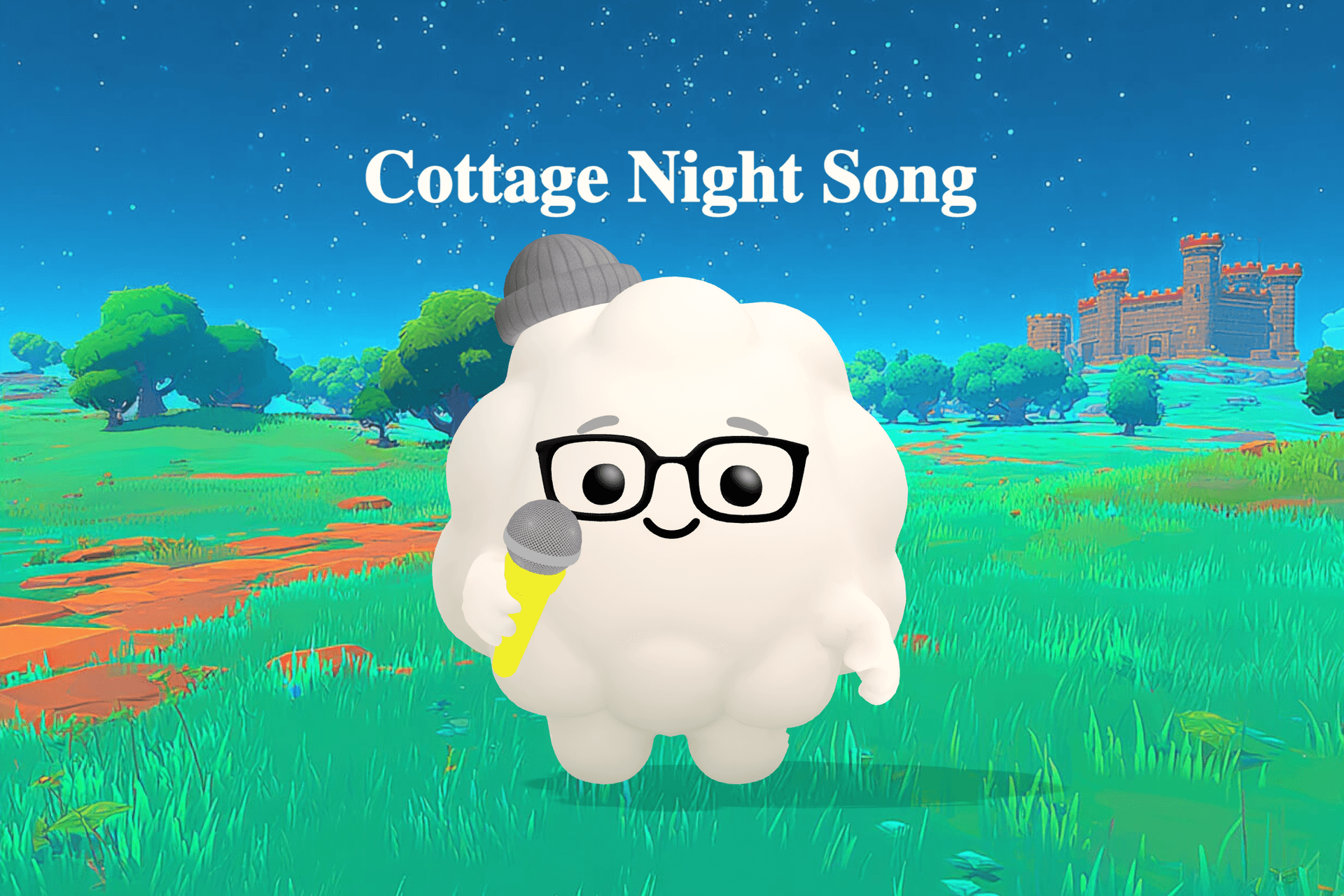 A soft, dreamy cottage at night with stars above the roof, a glowing lamp in the window, and a cat resting peacefully by a warm hearth.