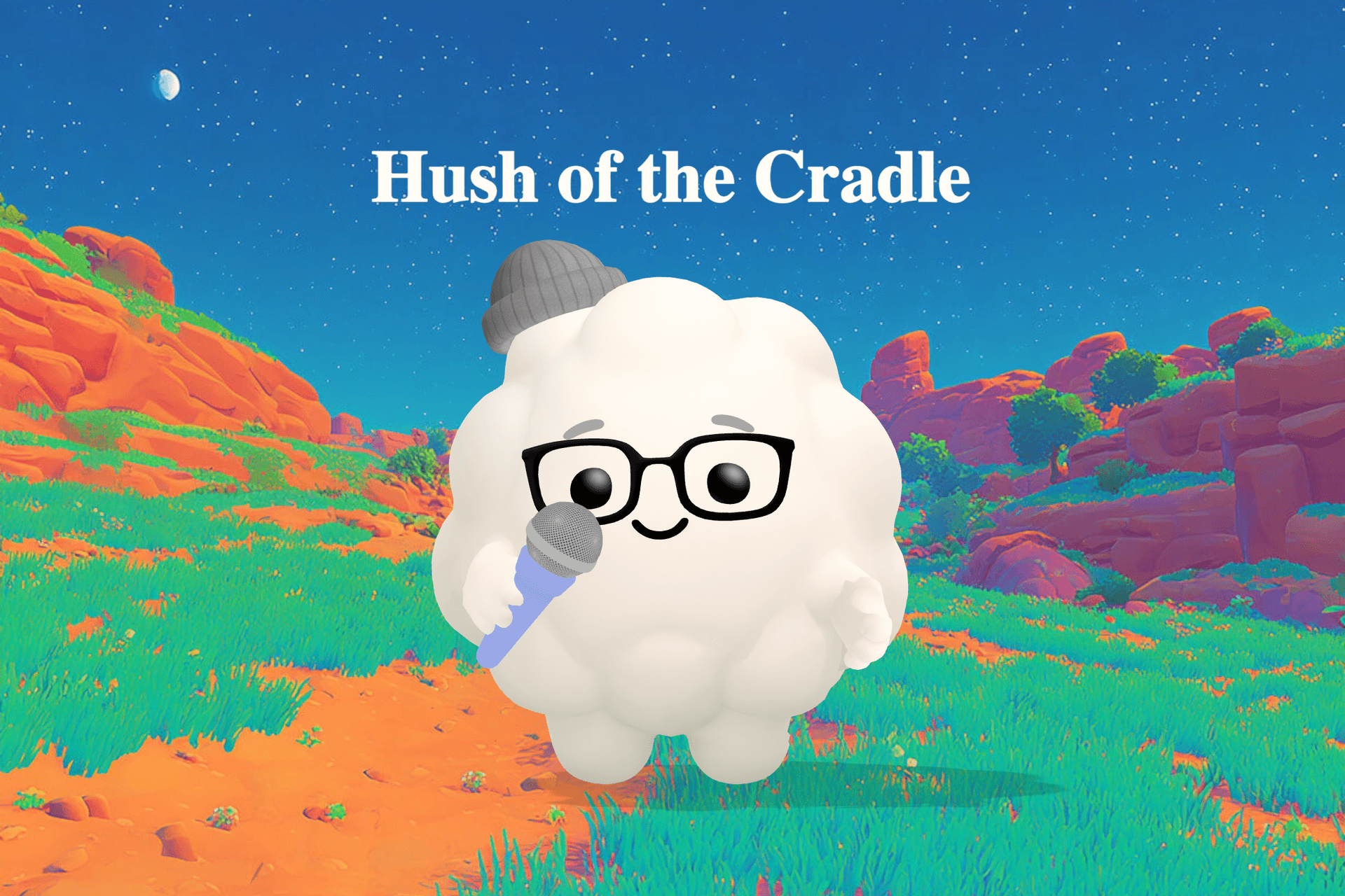 A sleeping baby rests in a softly rocking cradle beneath dim stars while a silver moon glows over quiet meadow grass and a small lamb sleeps nearby.