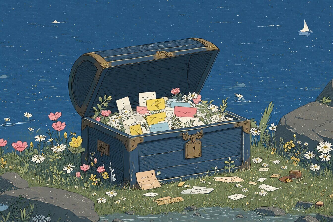 A child opens an old wooden chest in the sand and finds ribbon tied letters glowing in sunrise light