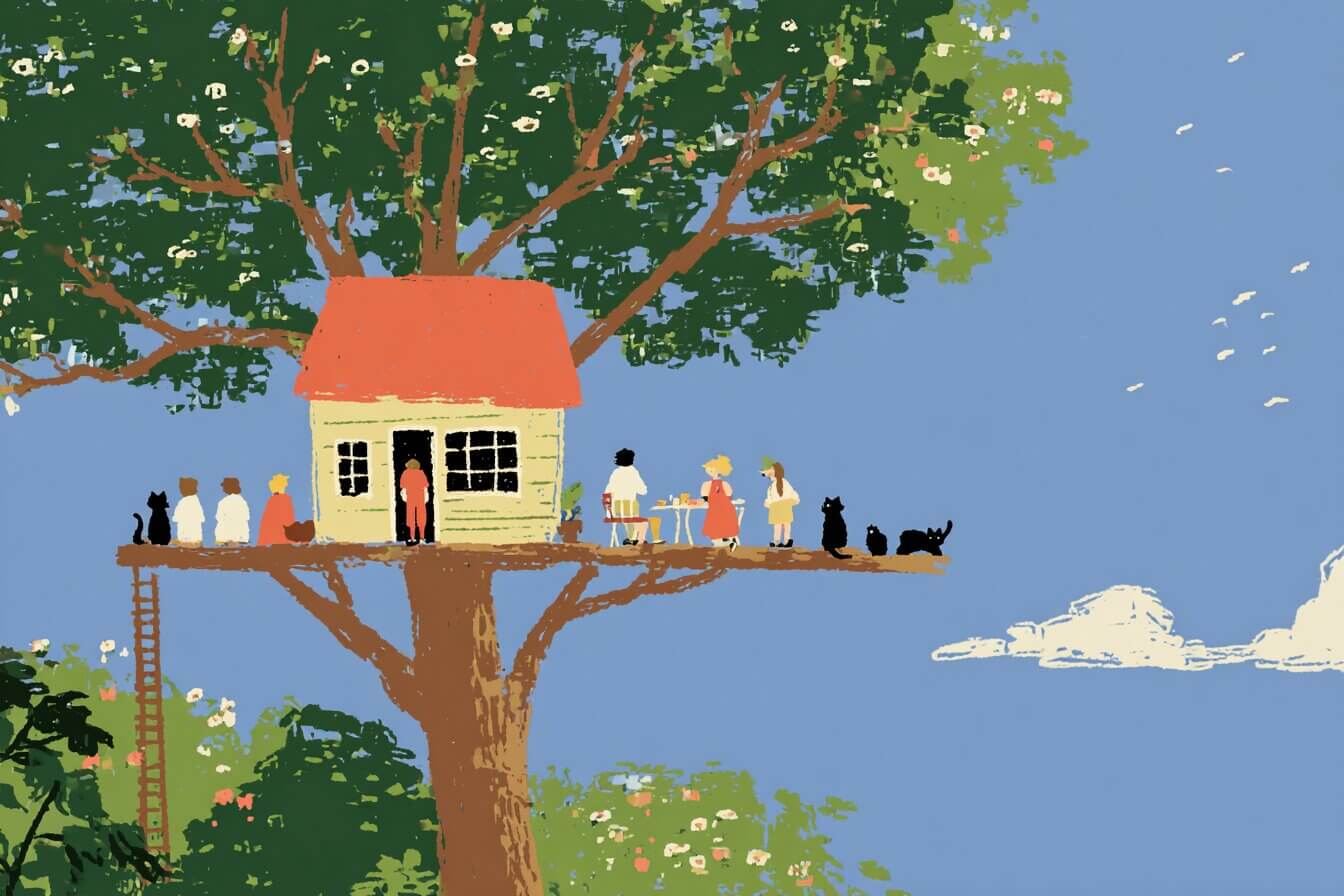 Children in a leafy treehouse share quiet secrets beside a softly glowing jar and fluttering ribbons