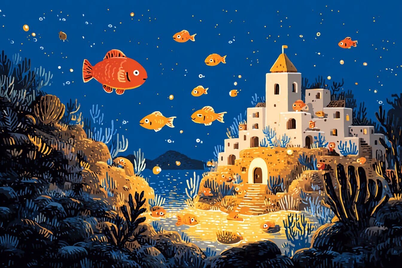 A young sea turtle swims toward a softly glowing coral city while lantern fish light a warm underwater path.