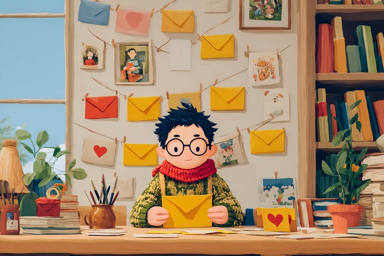 A child shares handmade heart valentines with classmates in a cozy classroom while soft winter light glows outside.