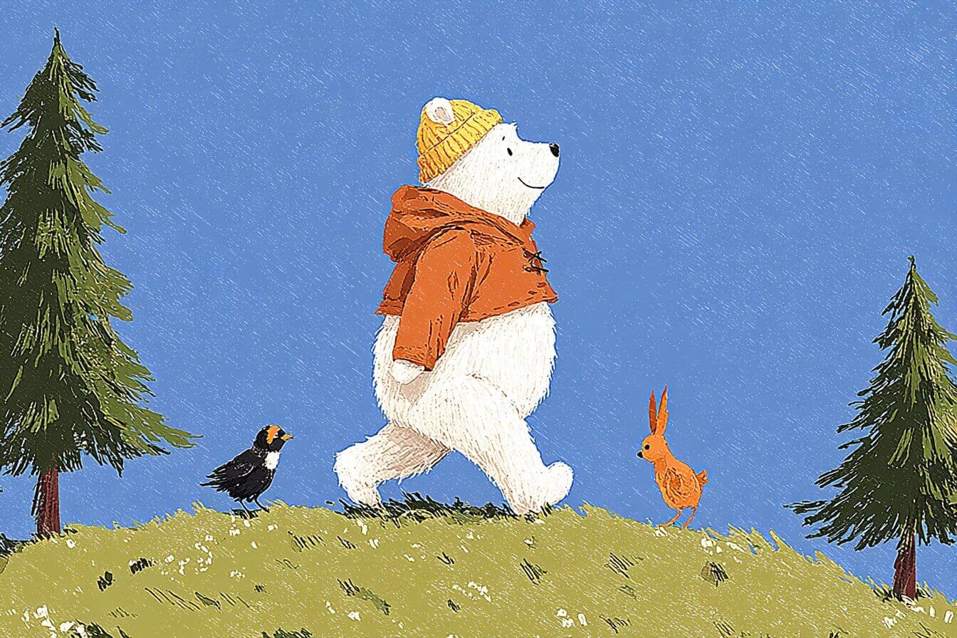 Winnie the Pooh and friends sit on soft grass sharing a small jar of honey beneath a bright sky.