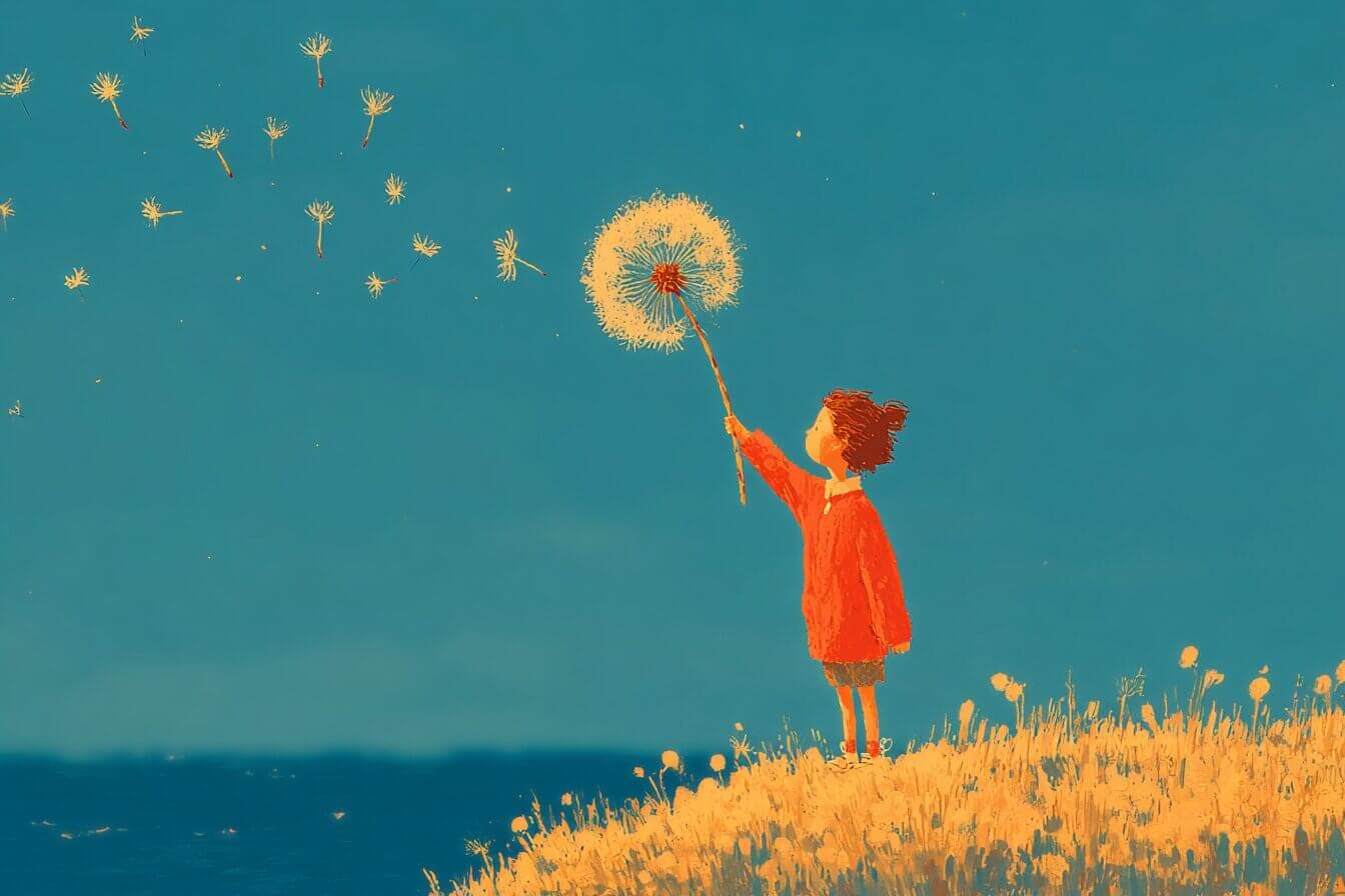 A child in a moonlit meadow blowing dandelion seeds as friendly animals gather nearby.
