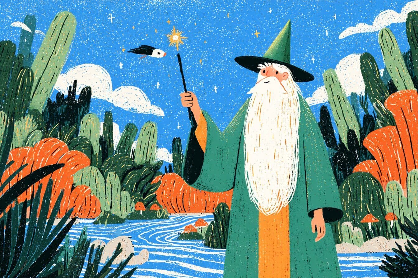 A friendly wizard in a quiet tower watches a softly glowing countryside through a window.