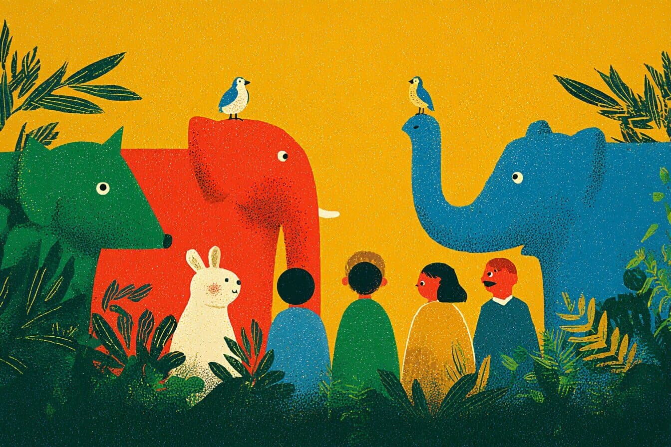 Moonlit zoo animals gather under a banyan tree while a parrot leads a quiet storytelling circle.