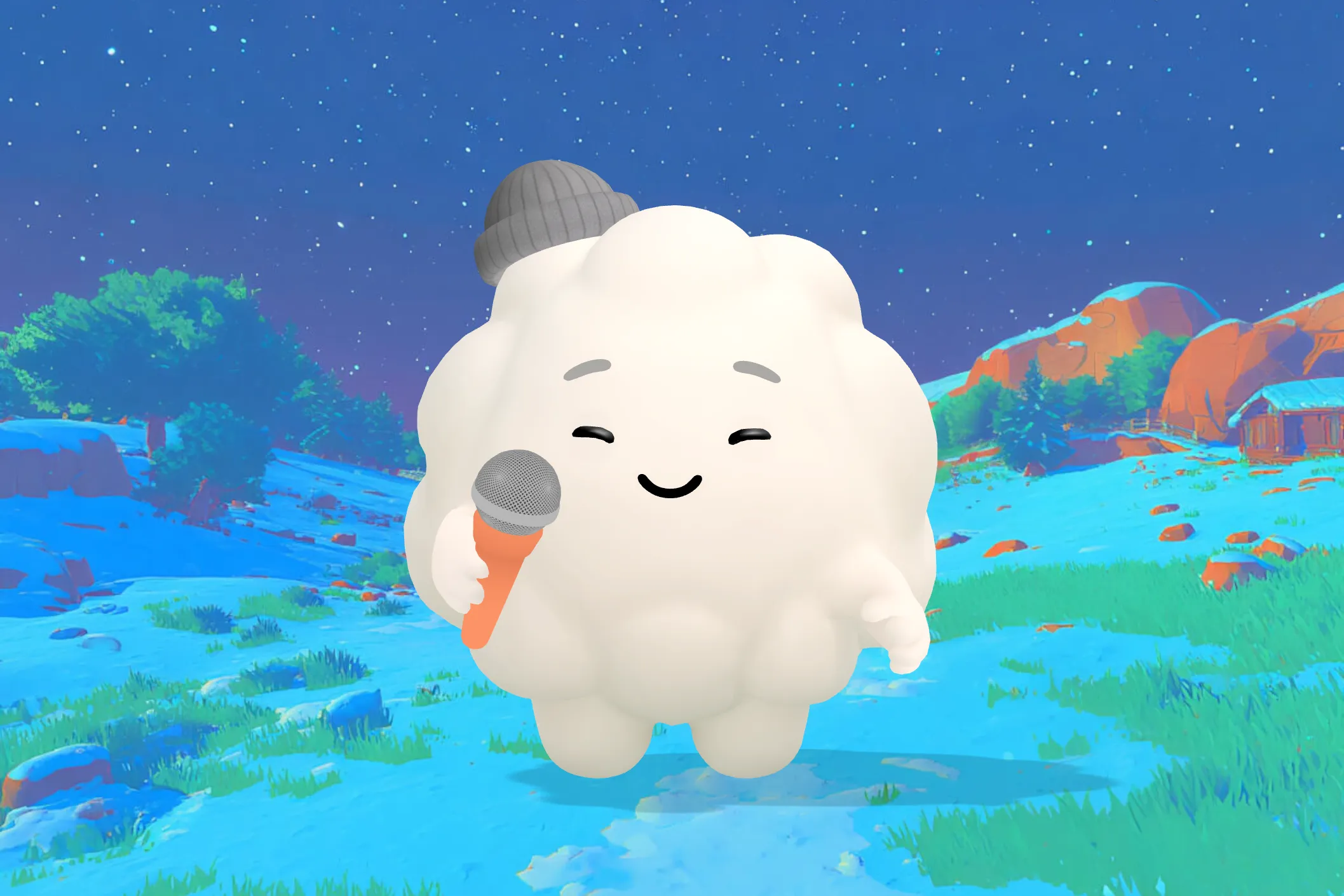 A cute fluffy cloud character with a warm smile floating in a soft purple night sky surrounded by tiny glowing stars.