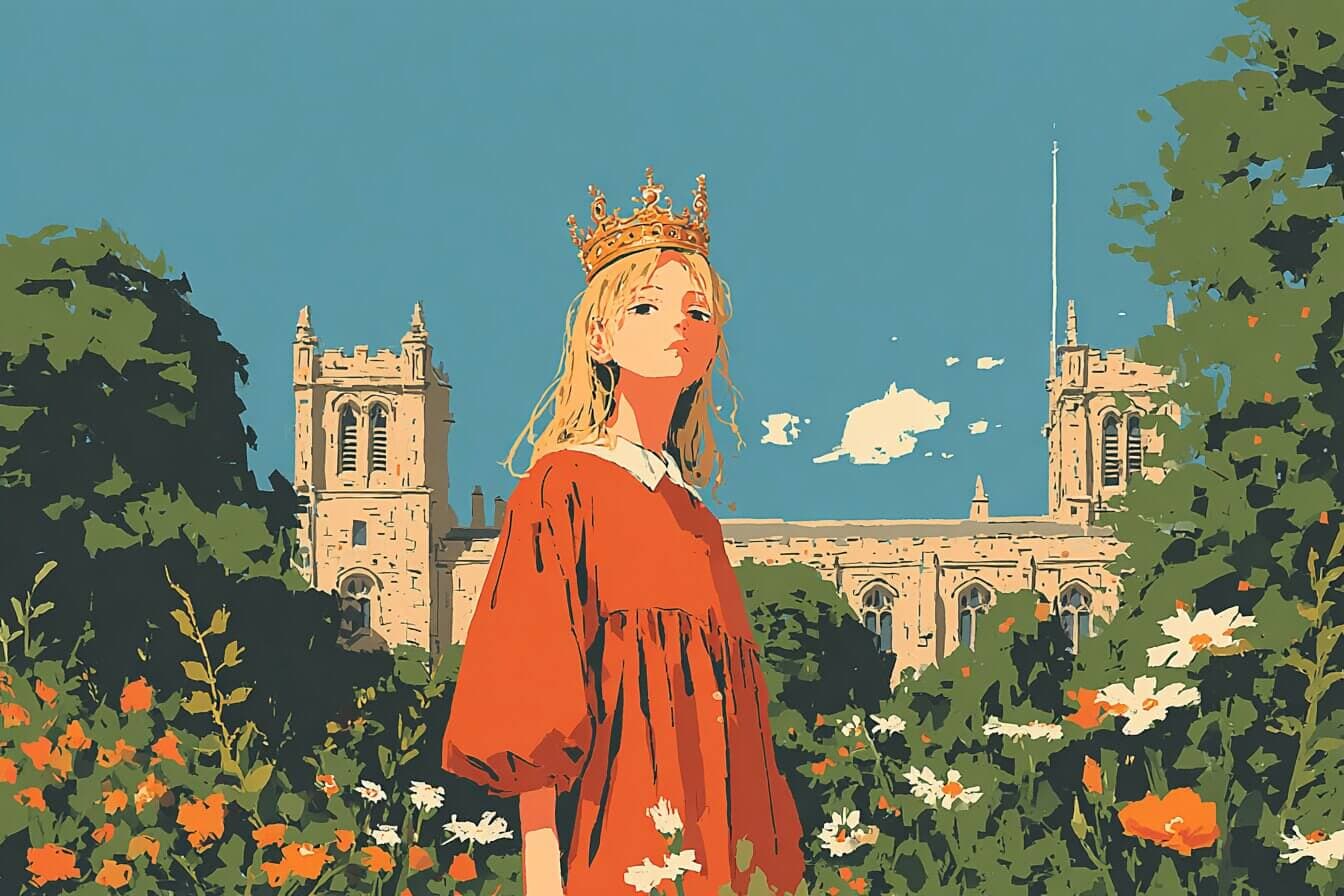 A young princess in a cozy attic looks up through a skylight at one bright star while holding a small doll.