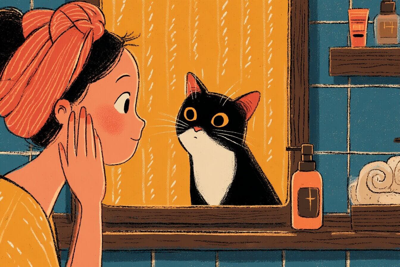 A gray cat named Miso sits on the edge of a bathtub watching a young girl rehearse her school play lines under soft bathroom light.