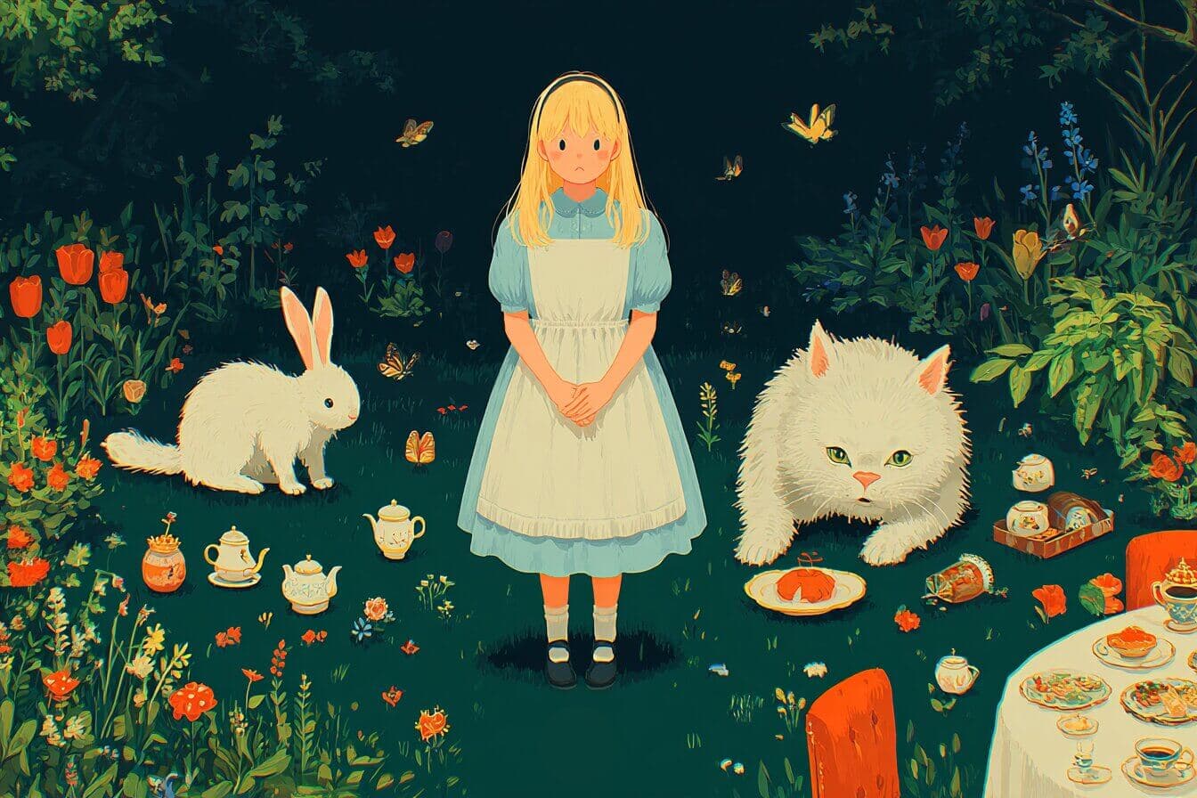Alice follows a waistcoated white rabbit into a cozy forest of teacups, mushrooms, and a smiling cat.