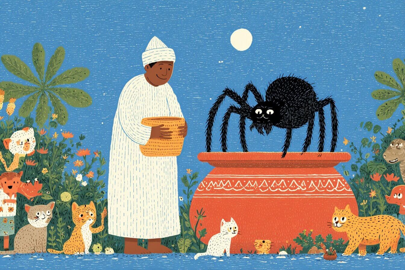 Anansi the small spider carries a clay pot of stories through a quiet forest at dusk